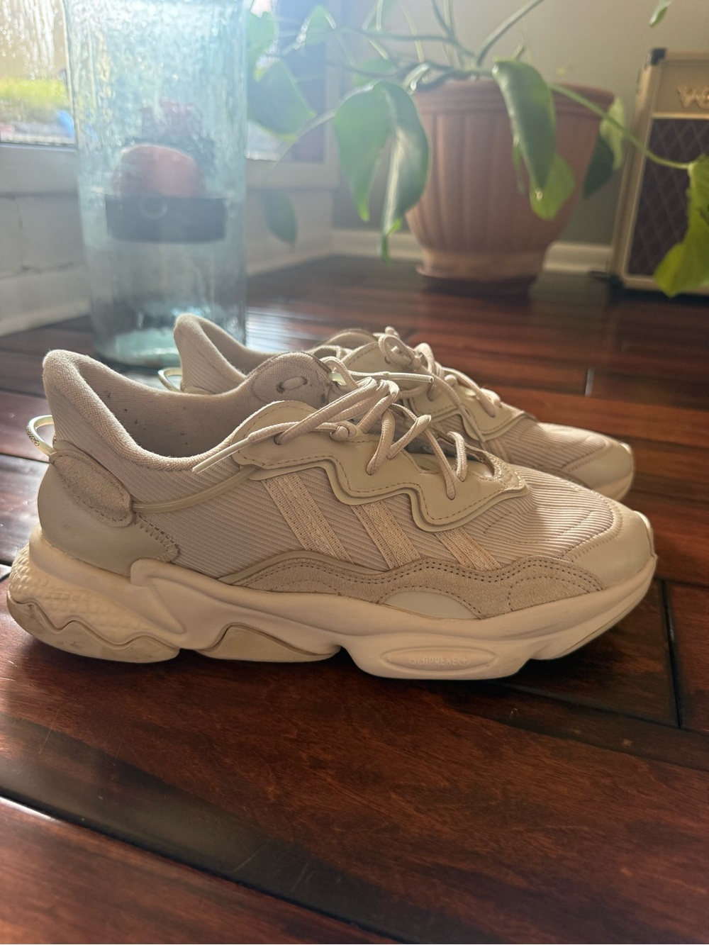 adidas Ozweego Beige/Tan Athletic Sneakers with Sculpted Wave Sole